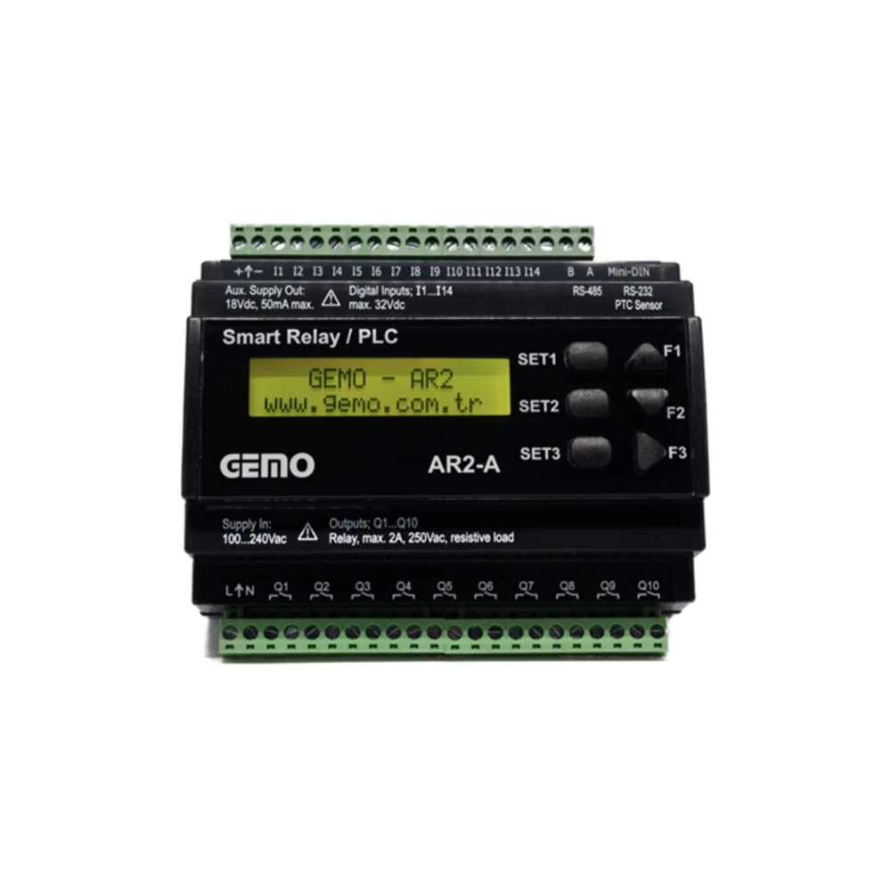 AR2-A-24VDC-14D 18-32VDC 14 GİRİŞ 10 RÖLE ÇIKIŞLI LCD AKILLI RÖLE PLC GEMO